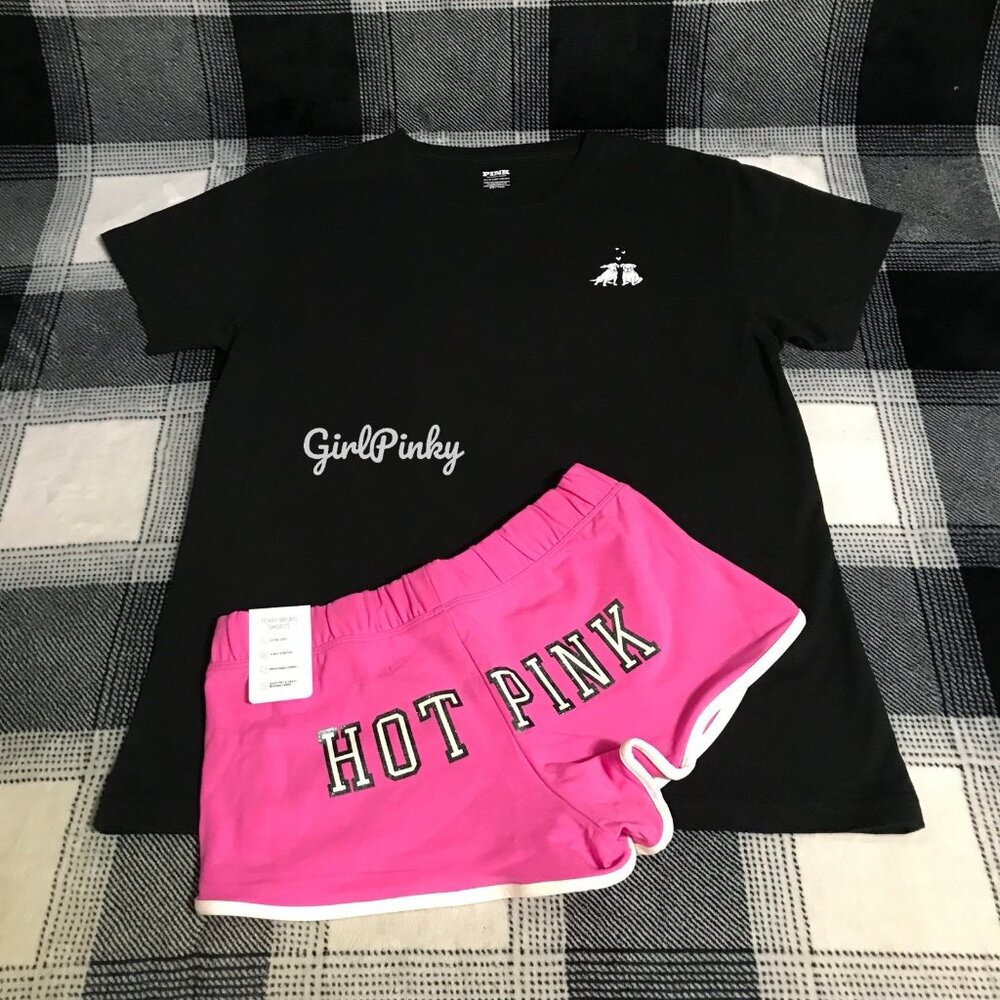 VS PINK PINK GOSSIP GLITTER COTTON MODAL MICRO SHORTS CAMPUS TEE IN SIZE LARGE - Picture 2 of 10